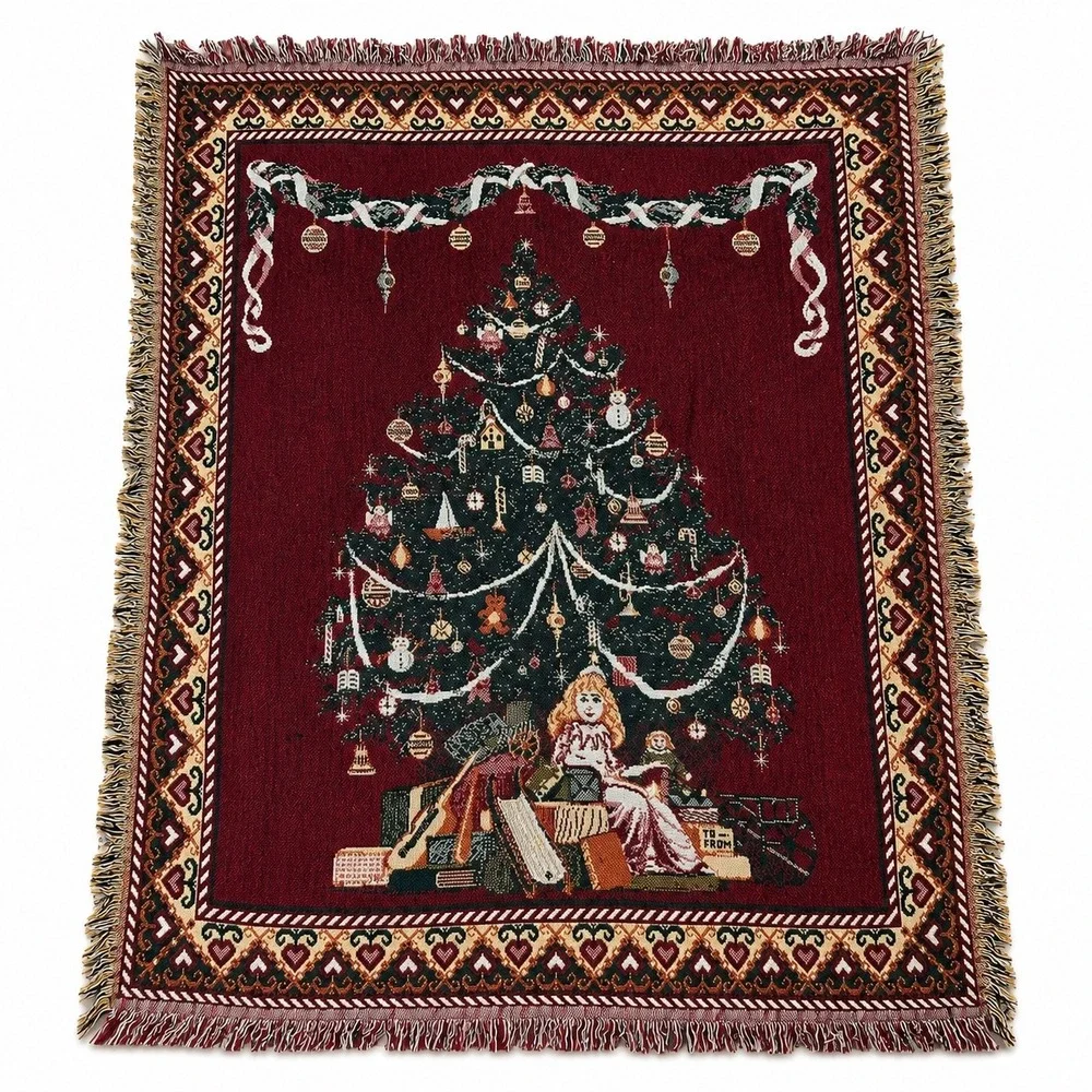 Crown Crafts Christmas Tree Woven Tapestry Throw Blanket Burgundy Cotton USA